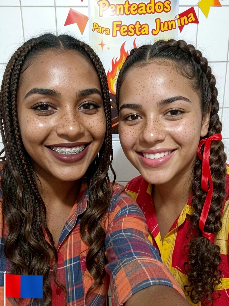Trança espinha de peixe em cabelo cacheado com fita vermelha entrelaçada, vista de perto.
