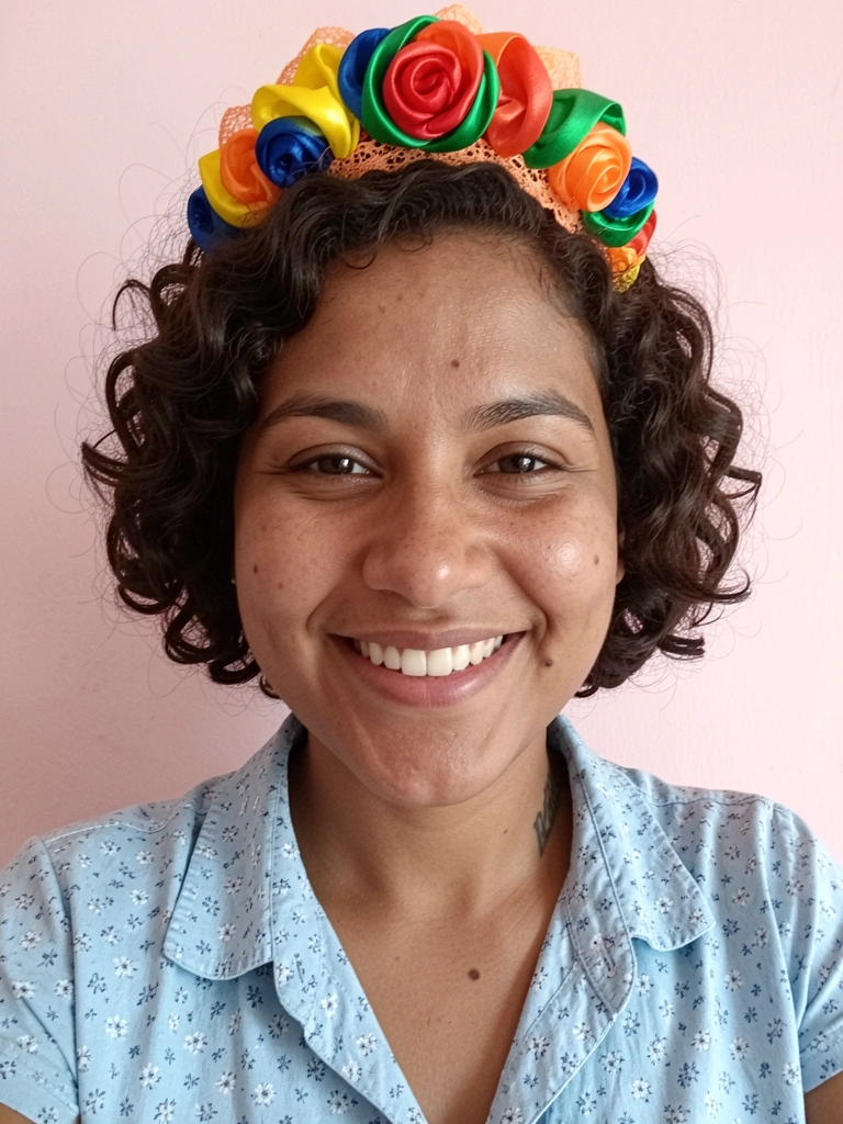 Menina com cabelo cacheado curto usando tiara de fitas coloridas e sorrindo.