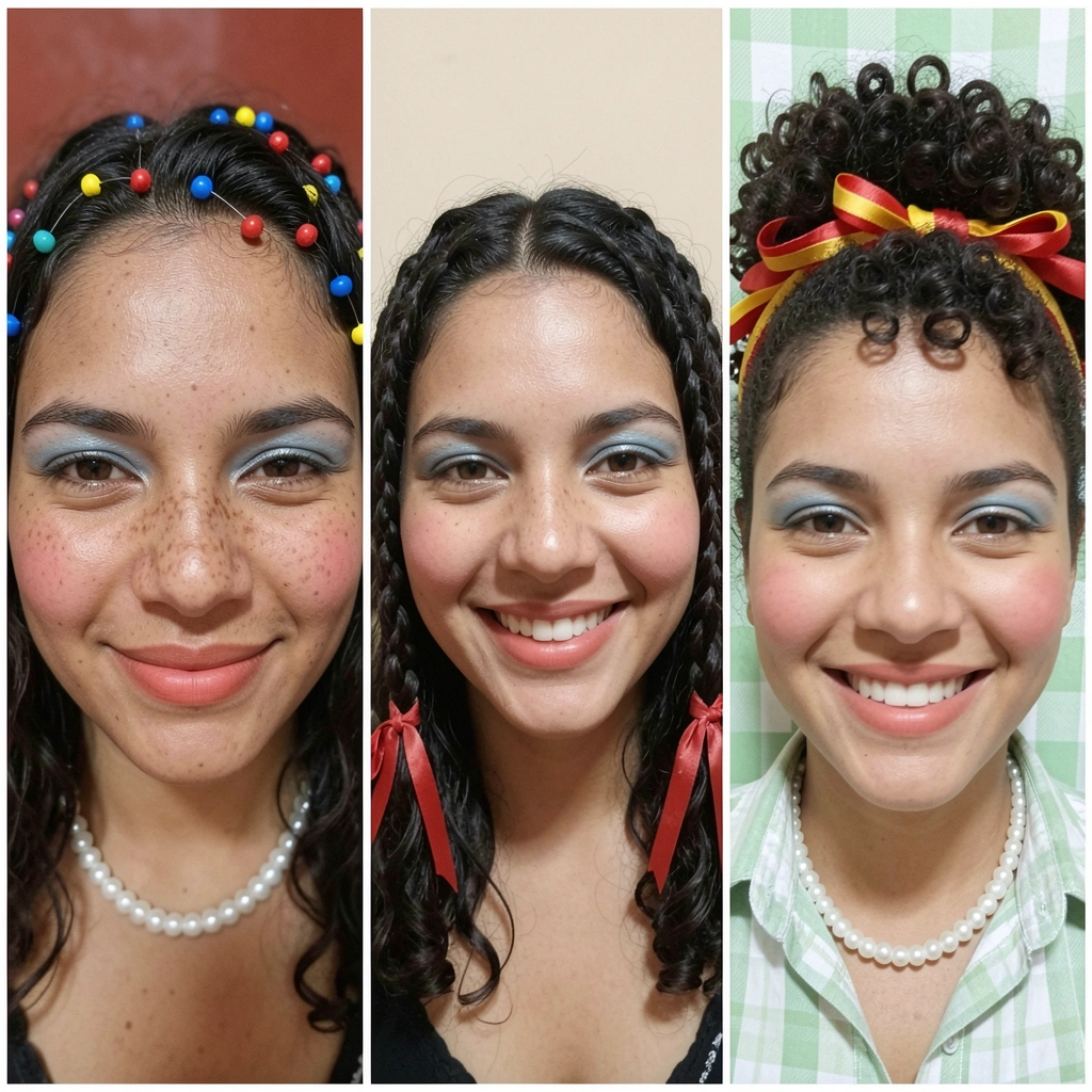 Close frontal de criança com cabelo cacheado curto, topete levantado e tiara de fitas vermelhas e amarelas.