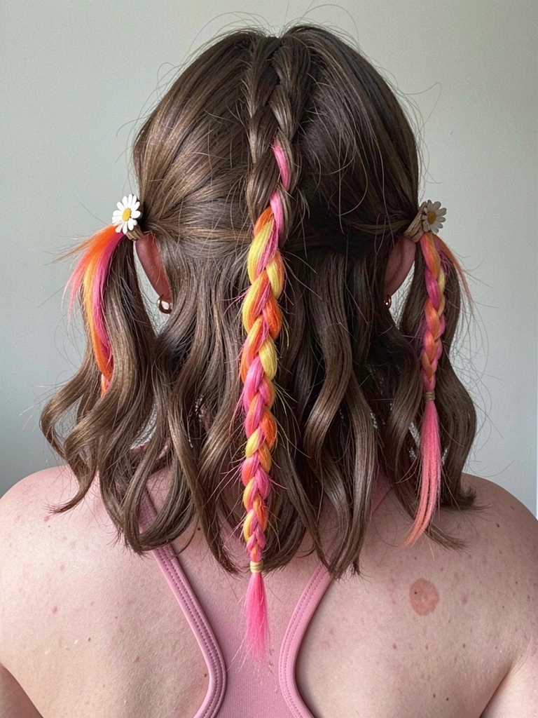 Cabelo cacheado curto preso em duas marias-chiquinhas minúsculas com presilhas de flor.