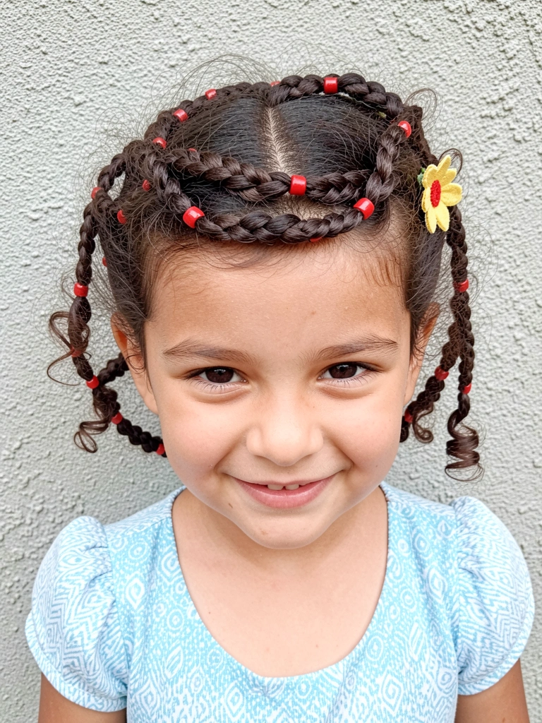 Menina de vestido com cabelo cacheado e trança tiara na frente, flor de tecido colorida na lateral.