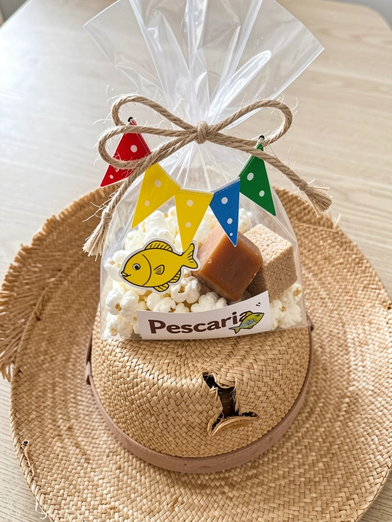 Chocolate Bis embrulhado em papel crepom amarelo com fita verde sobre mesa de madeira.