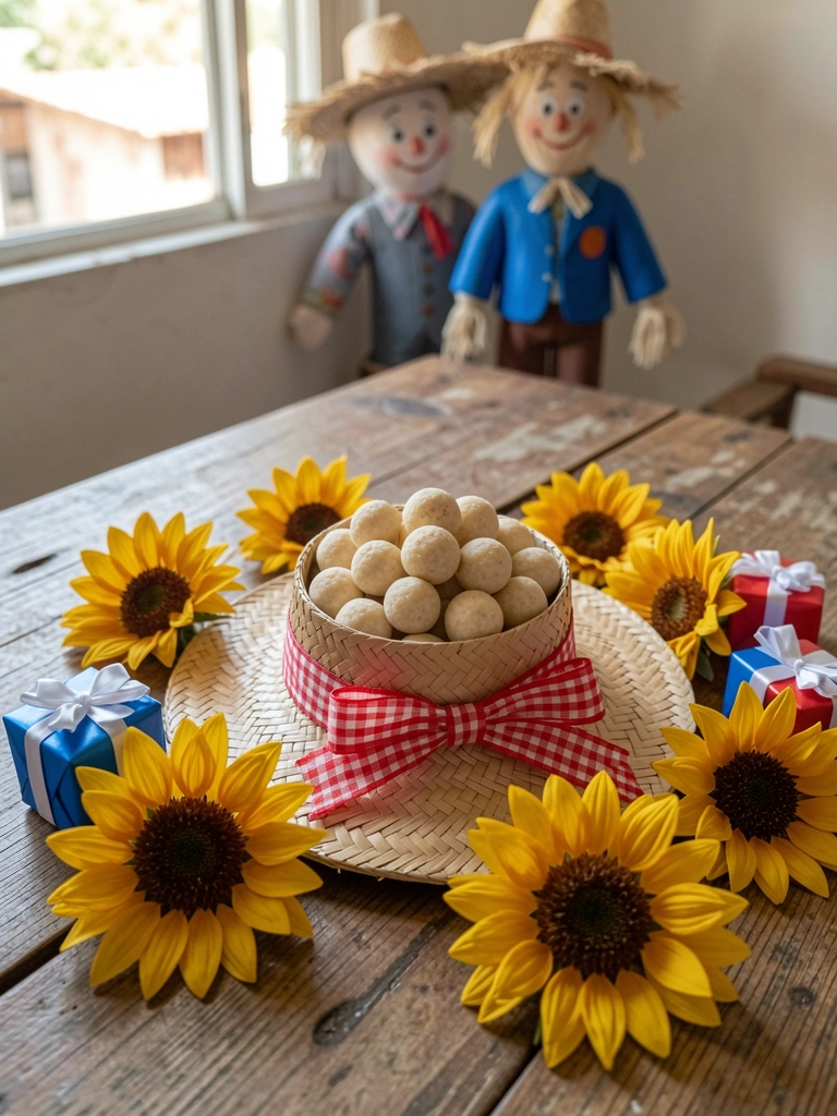 Mini chapéu de palha com fita xadrez, recheado com paçoca e pé-de-moleque.