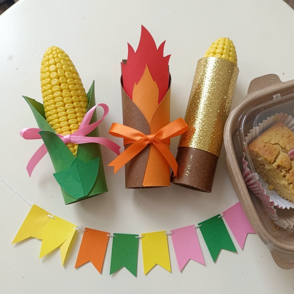 Marmitinha de papel kraft com tampa transparente contendo pedaço de bolo de fubá, ao lado forminhas de papel.