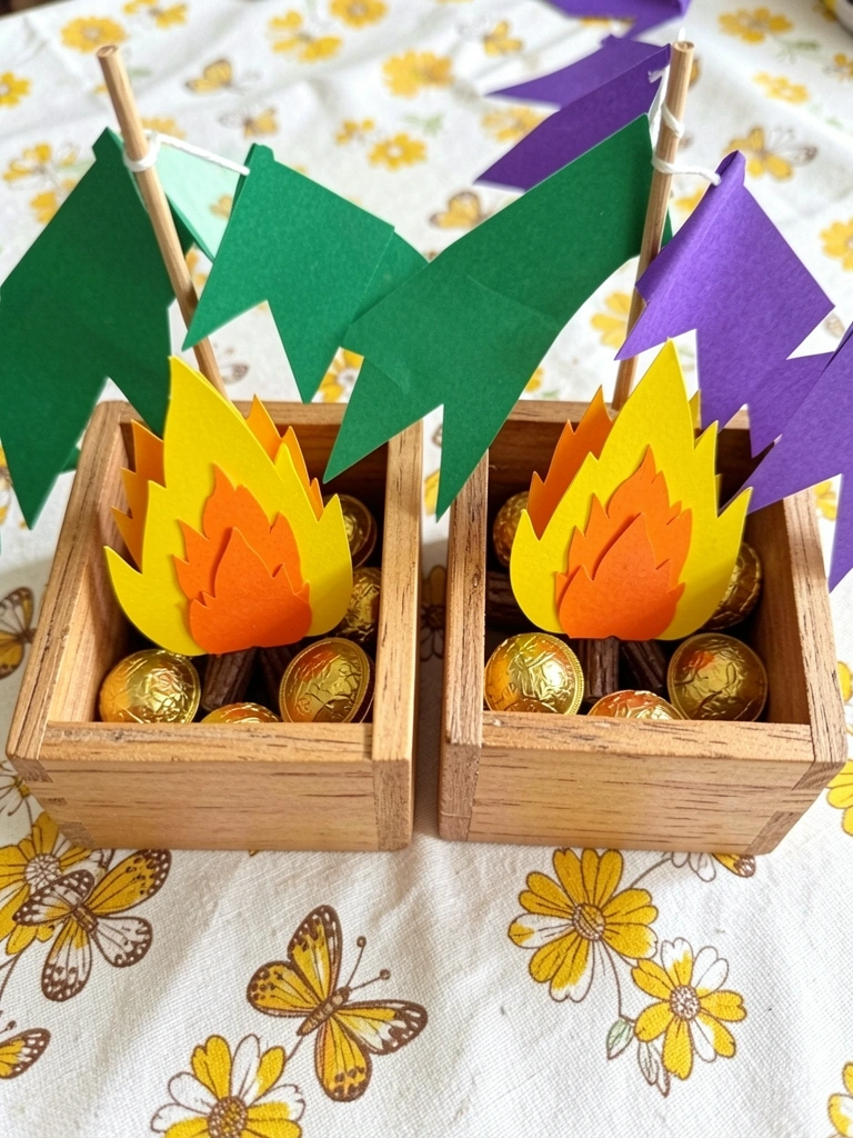 Rolo de papel higiênico pintado de marrom com chamas de papel crepom vermelho e laranja coladas.
