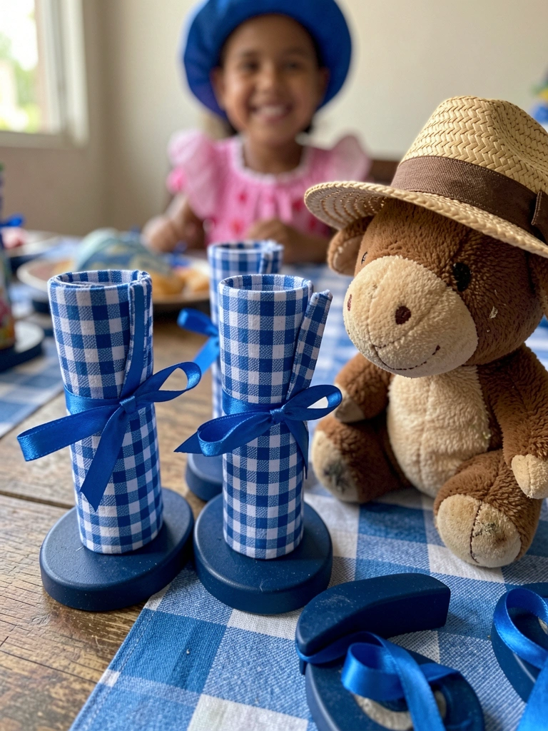 Mesa decorada para festa junina com garrafinhas personalizadas, mini chapéus de palha e bandeirinhas coloridas.