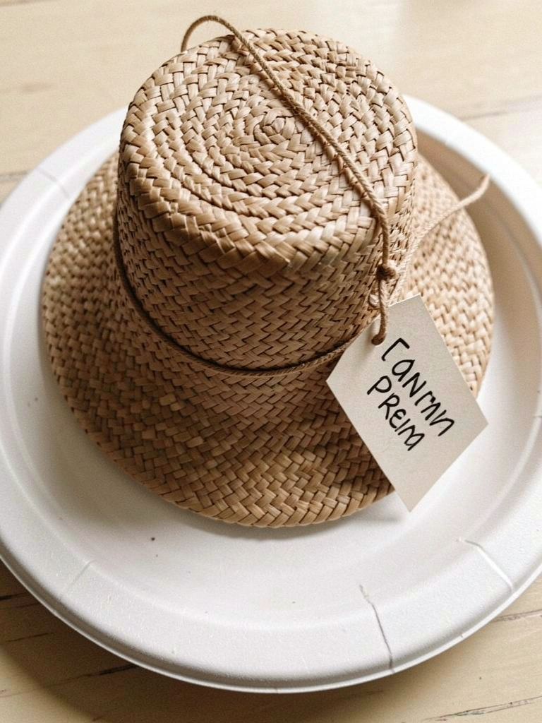 Mini chapéu de palha com etiqueta de nome sobre prato descartável.