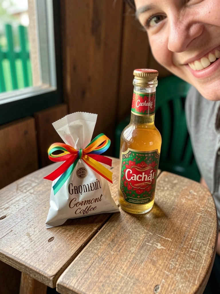Sachê de café gourmet com laço de chita e mini garrafa de cachaça decorada sobre superfície de madeira.
