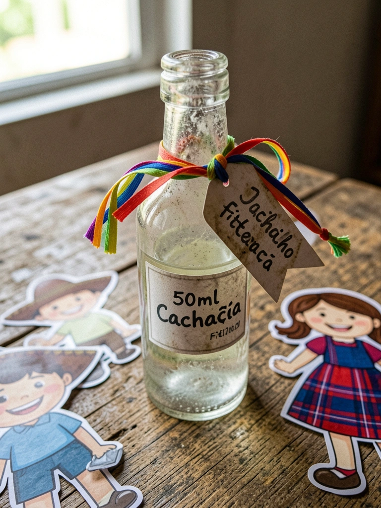 Garrafinha de cachaça de 50 ml com fitilho colorido e etiqueta de bandeirinha sobre fundo neutro.