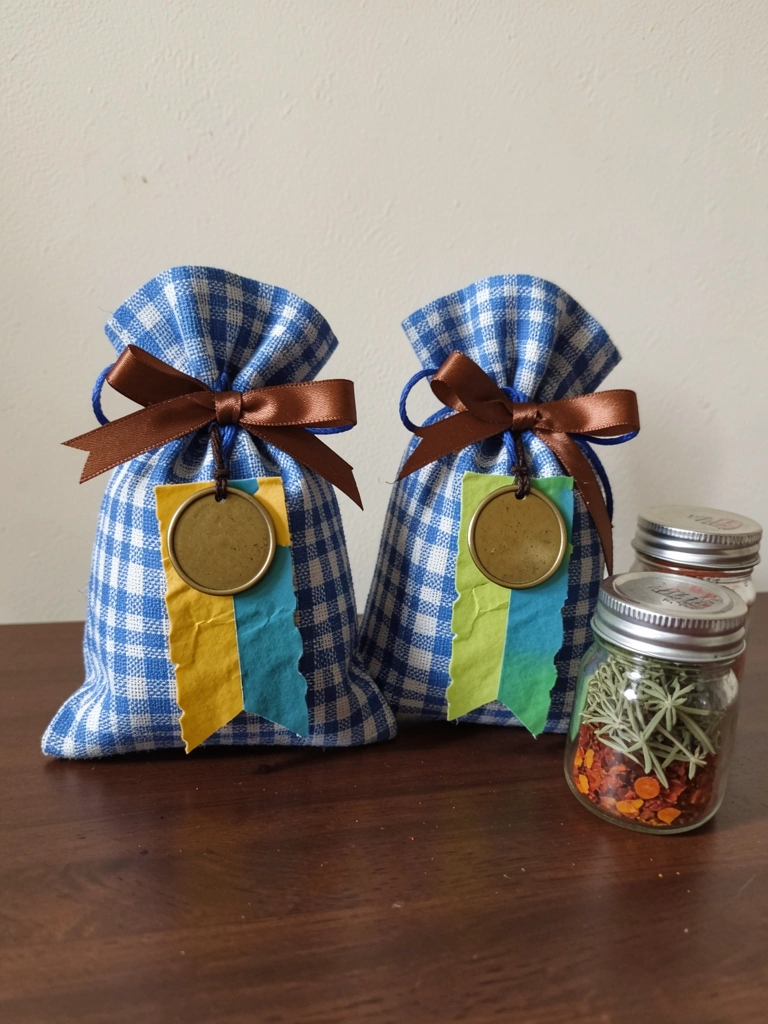 Potes de vidro com páprica e orégano ao lado de um saquinho de pipoca.
