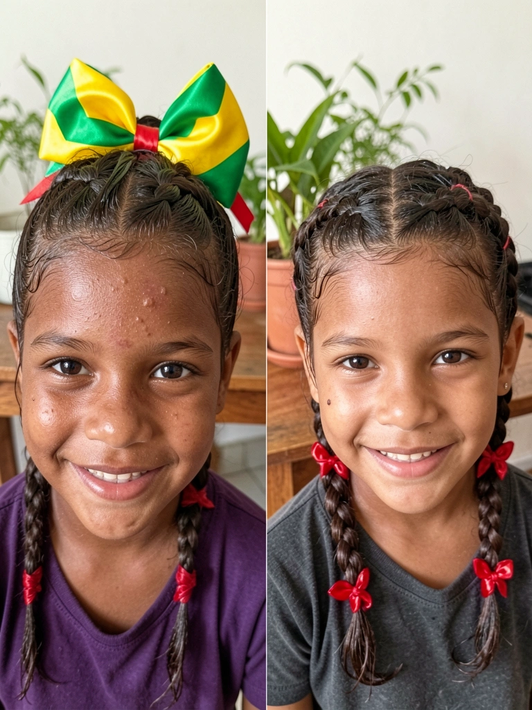 Criança com cabelo cacheado dividido ao meio, dois rabos de cavalo com fitas de chita vermelha e amarela amarradas.
