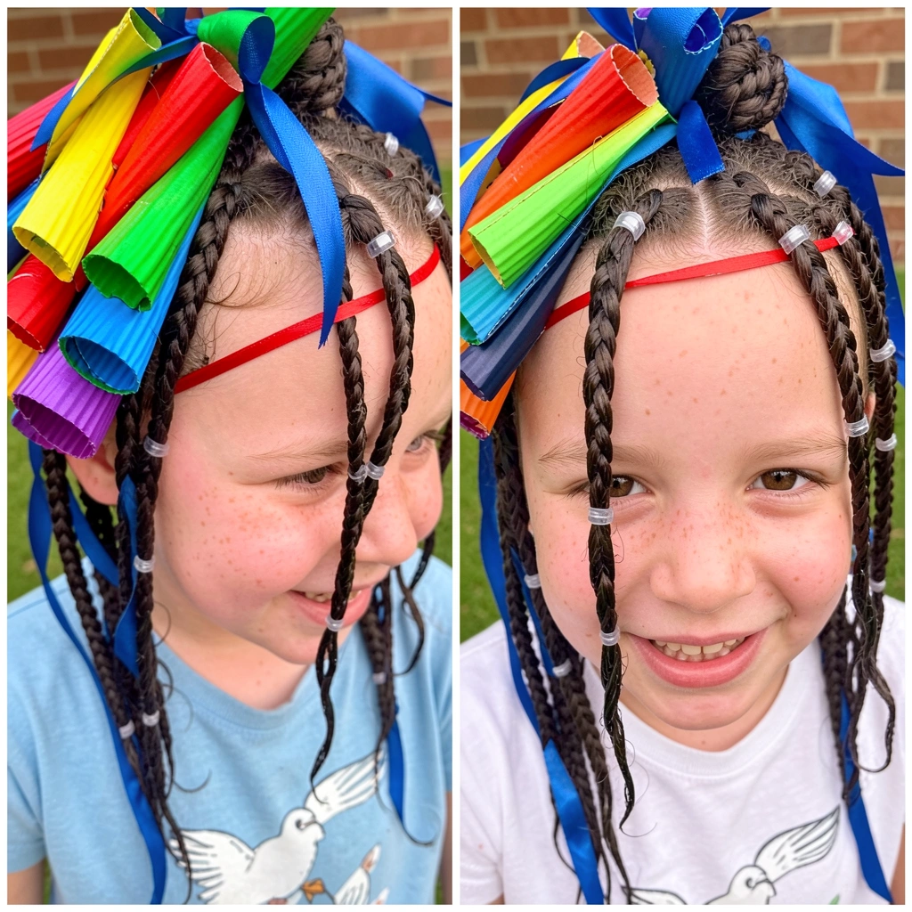 Menina com tranças boxeadoras e fitas de cetim azul, sorrindo.