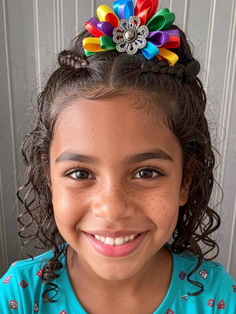 Menina de perfil com cabelo cacheado solto nas costas e duas trancinhas finas saindo da testa presas na nuca.