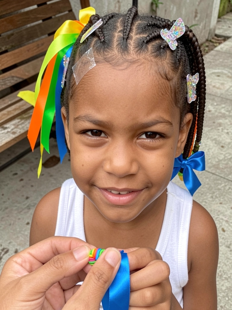 Mãe fazendo penteado em criança inquieta, com elástico colorido e fita de cetim na mão.