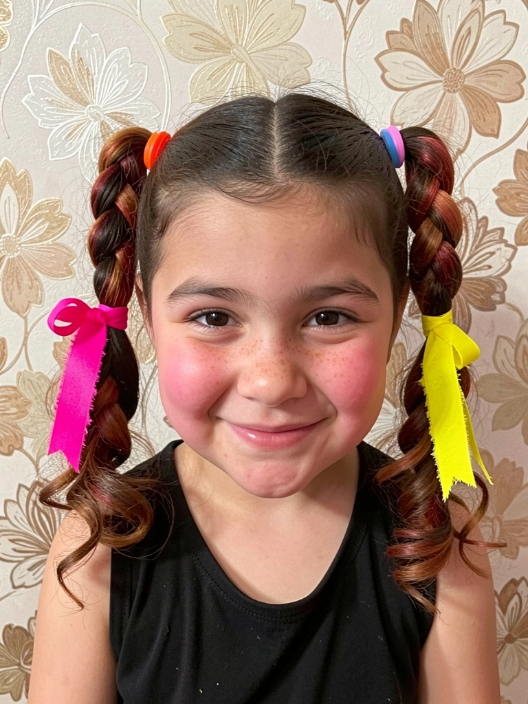 Criança com cabelo cacheado decorado com fitas coloridas intactas, sorrindo em festa junina.