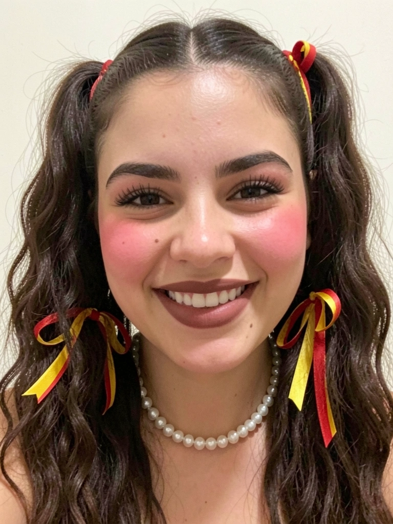 Criança com cabelo cacheado dividido ao meio, dois rabos de cavalo com fitas de chita vermelha e amarela amarradas.