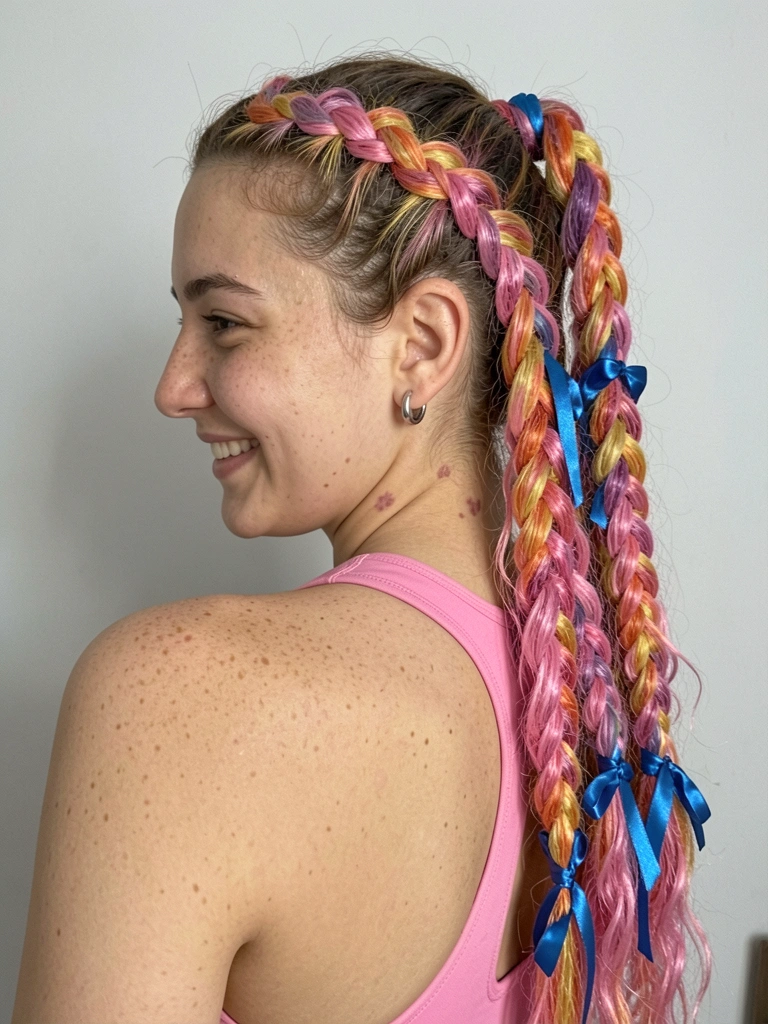 Menina com tranças boxeadoras e fitas de cetim azul entrelaçadas, sorrindo.