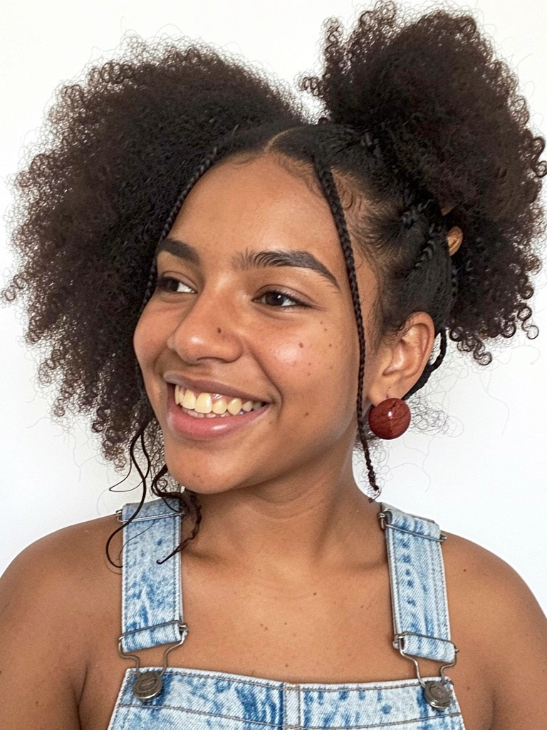 Menina de perfil com cabelo cacheado solto nas costas e duas trancinhas finas saindo da testa presas na nuca.