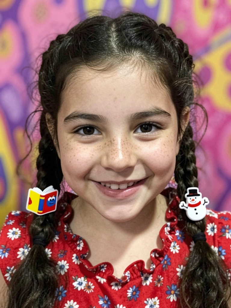 Menina com cabelo cacheado preso em duas marias-chiquinhas com laços, sorrindo.