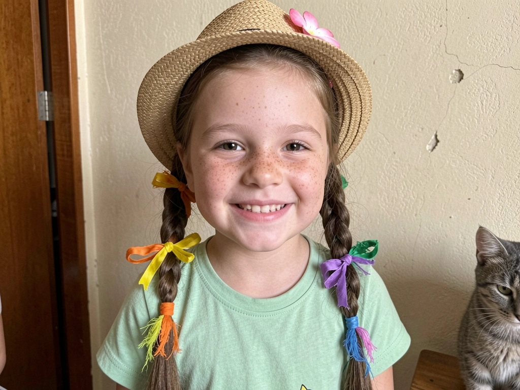 Criança com chapéu de palha mini e marias-chiquinhas com fitas coloridas.
