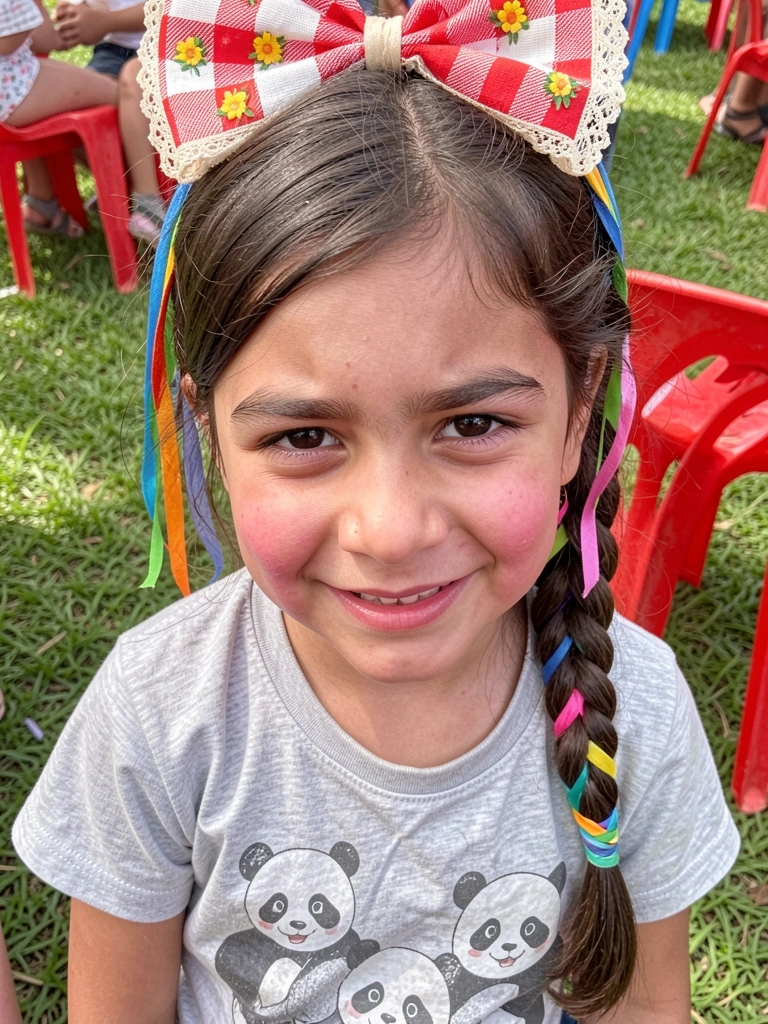 Menina com trança lateral enfeitada com fitas coloridas, sorrindo em fundo de festa junina.