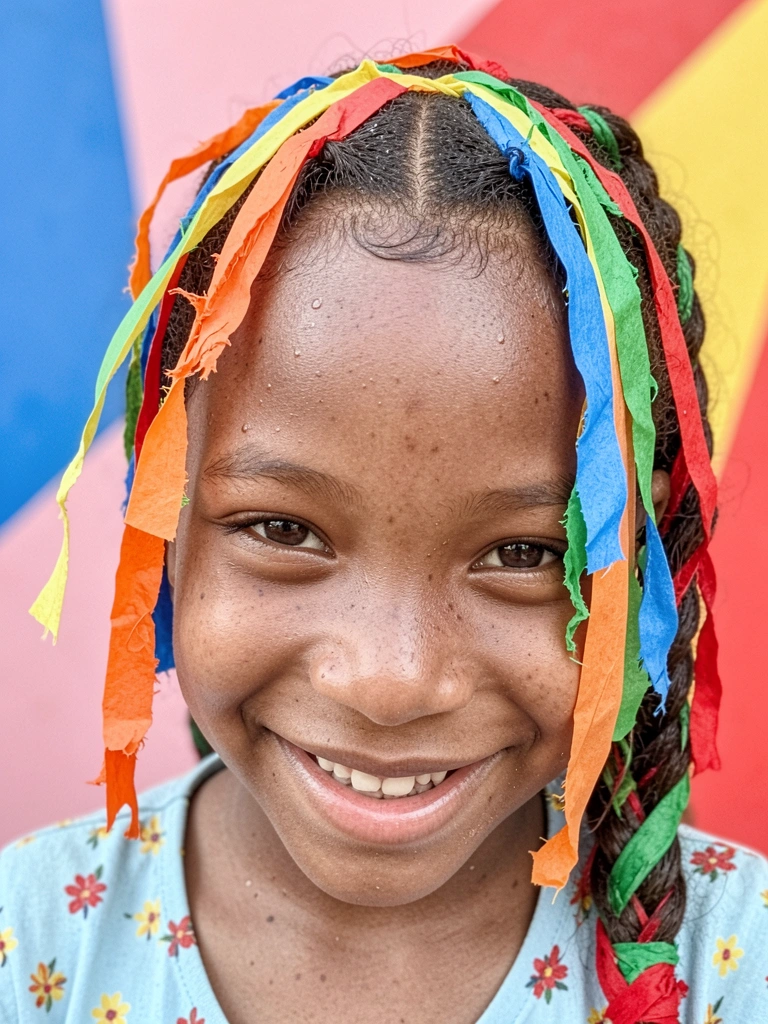 Criança negra sorrindo com trança nagô adornada por fitas vermelhas e verdes.