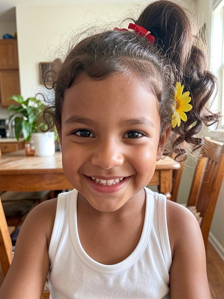 Menina com cabelo semi-preso, laço vermelho e flor amarela, sorrindo.