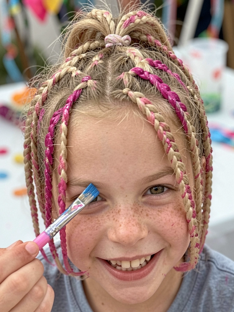 Criança de cabelo curto com a parte da frente presa por um laço, ao fundo decoração de festa.