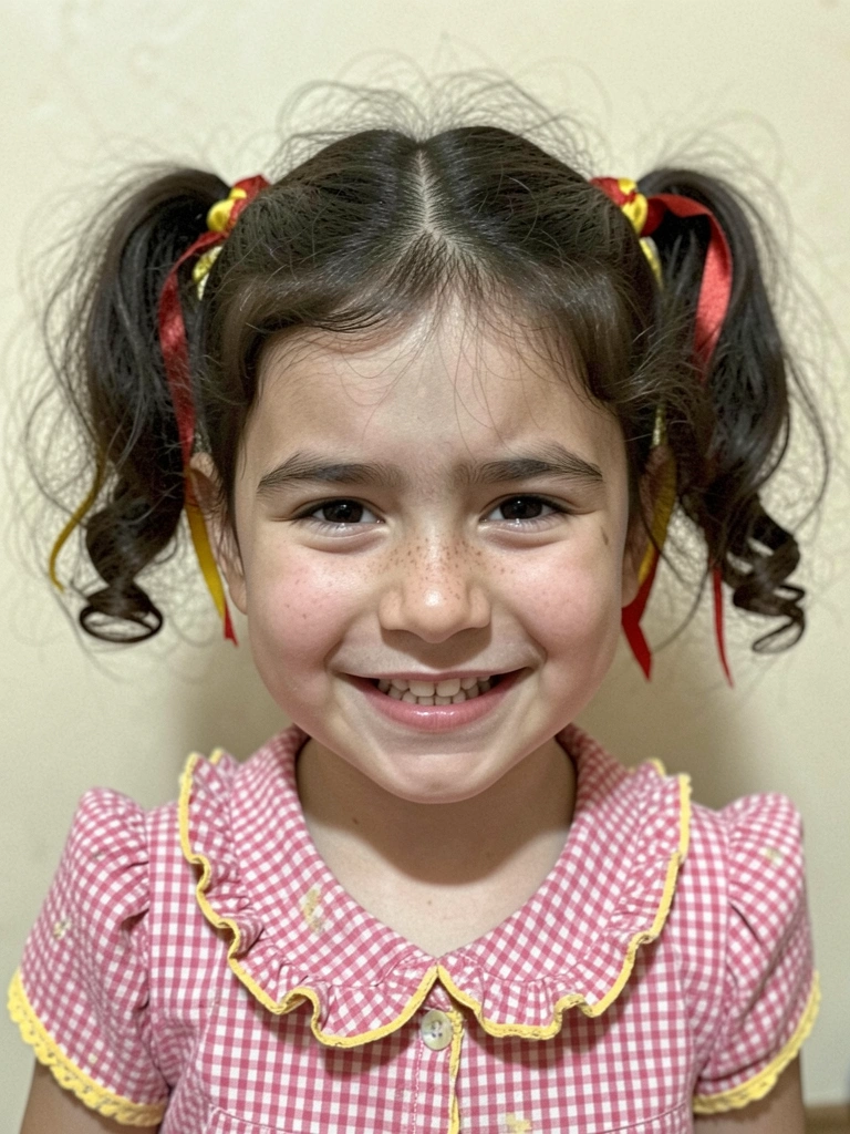 Menina com cabelo preso em marias-chiquinhas, fitas de cetim vermelha e amarela amarradas nas pontas, sorrindo.