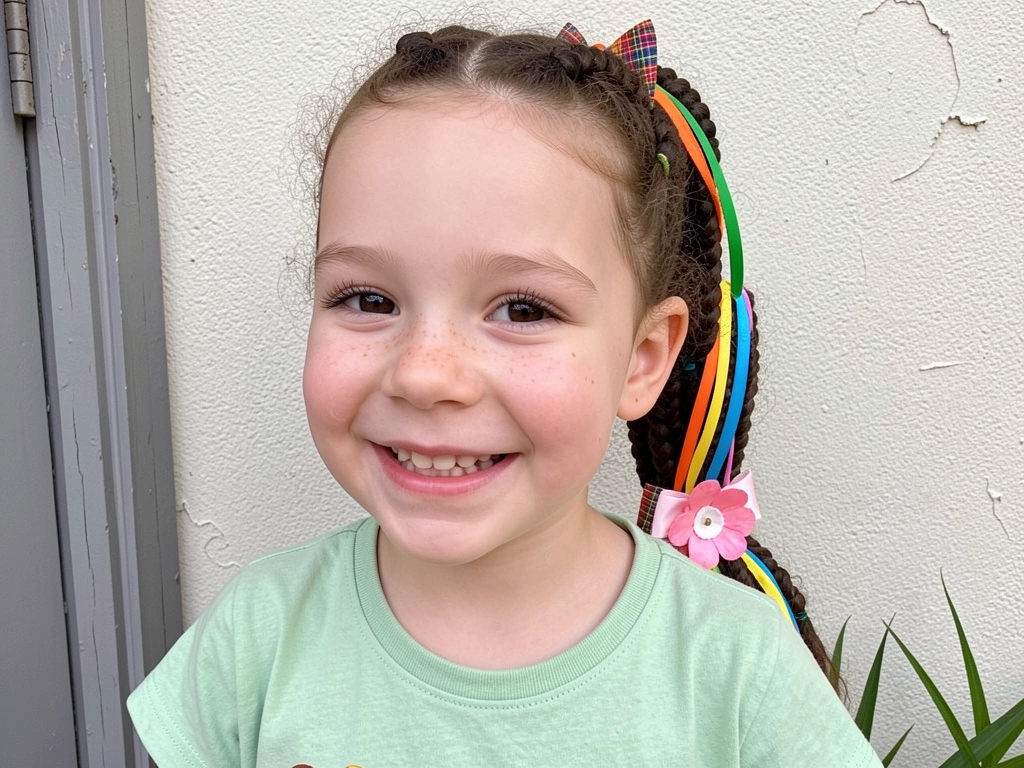 Tranças boxeadoras em cabelo infantil com laço xadrez na nuca e fitas entrelaçadas.