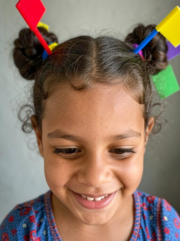Criança com dois coquinhos no topo da cabeça e bandeirinhas de EVA espetadas, fundo de festa junina.