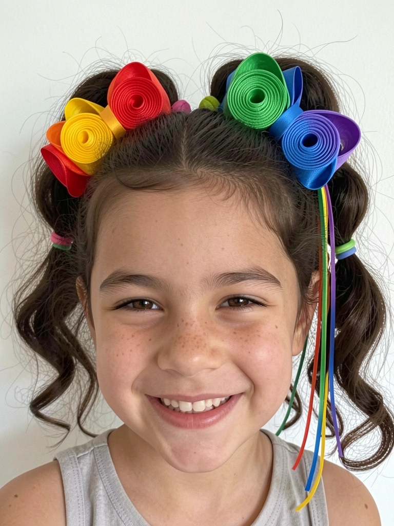 Cabelo preso em rabo de cavalo alto com bolhas separadas por elásticos coloridos e fitas penduradas.
