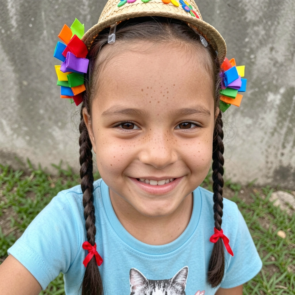Menina com cabelo semipreso, duas trancinhas finas laterais e chapéu de palha mini decorado.