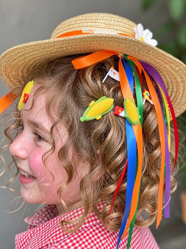 Menina com cabelo cacheado usando presilhas de EVA em formato de milho e bandeirinha.