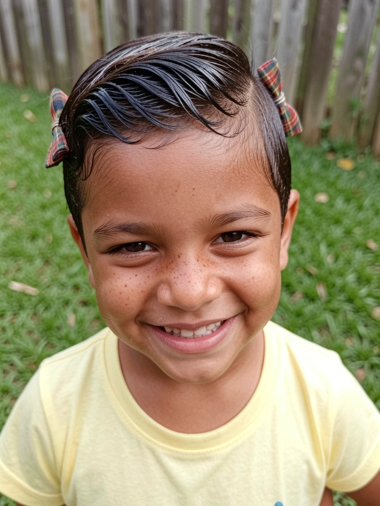 Cabelo curto masculino com topete modelado com gel e laço xadrez preso de lado.