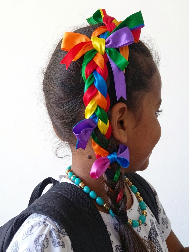 Criança com mochila nas costas, laço no cabelo e roupa temática para festa junina.