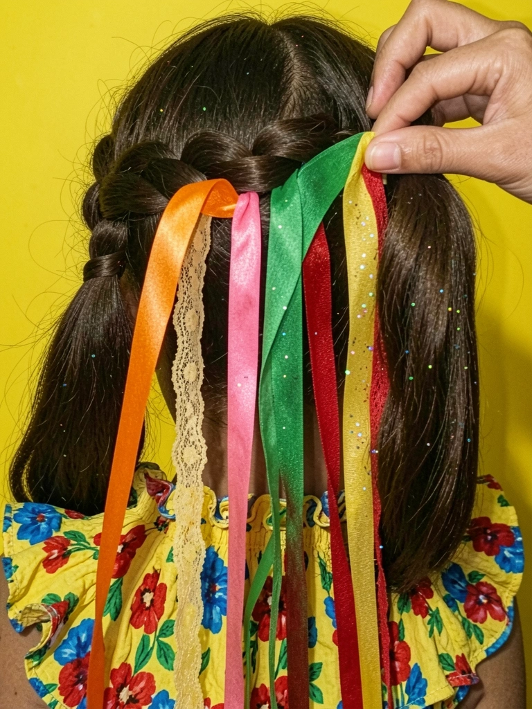 Mão de adulto segurando um rabo de cavalo baixo infantil com fita de cetim torcida junto ao cabelo.