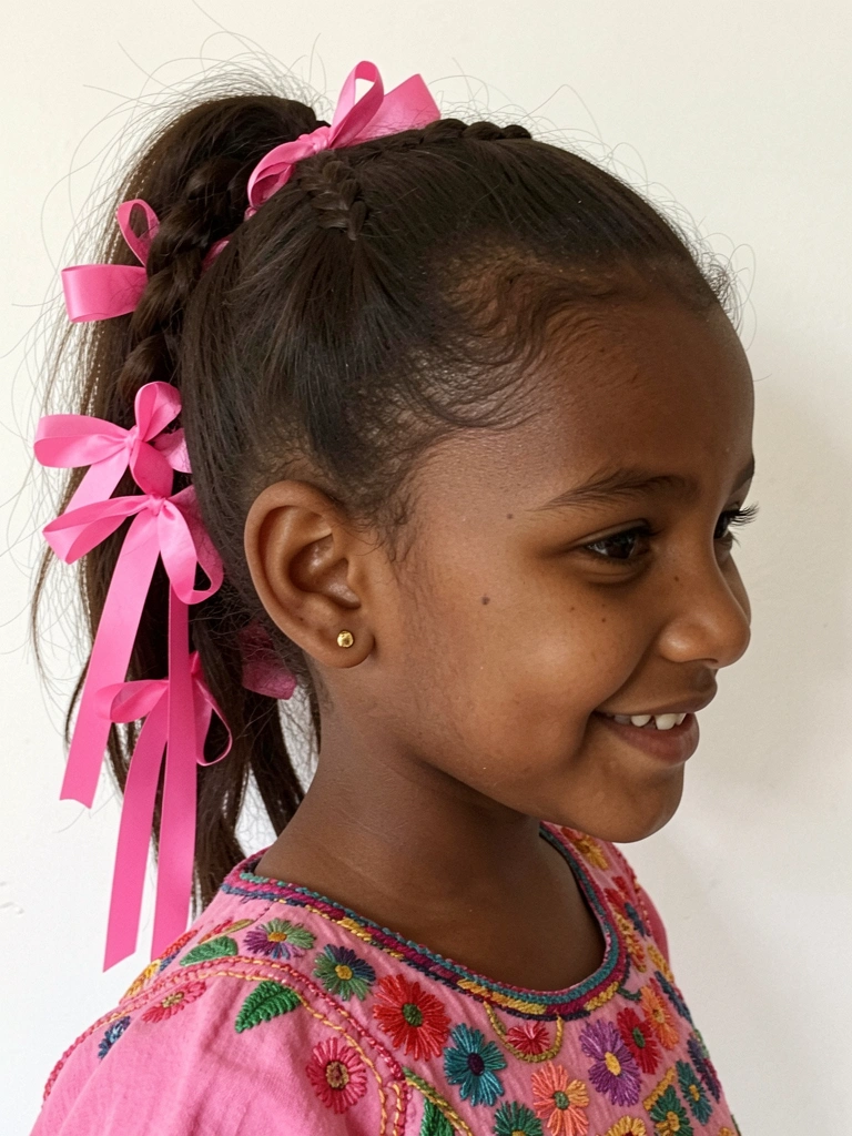 Close-up de cabelo infantil com trança espinha de peixe e fitas vermelhas entrelaçadas.