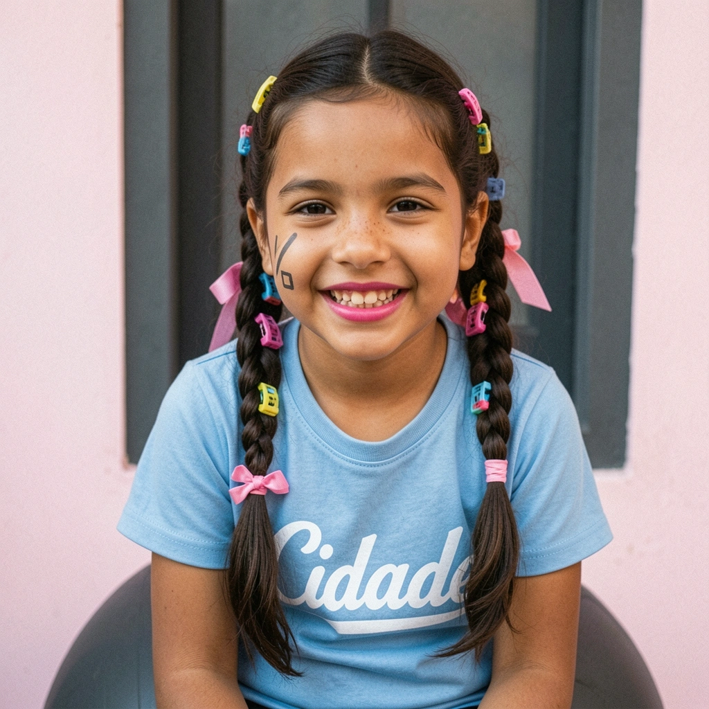 Menina com cabelo solto e tiara de bandeirinhas sorrindo.