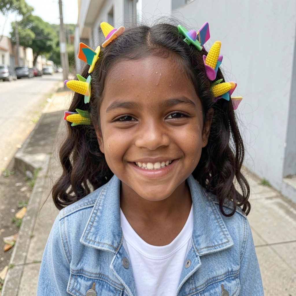 Cabelo solto decorado com presilhas de EVA coloridas em formato de milho, bandeirinha e chapéu.