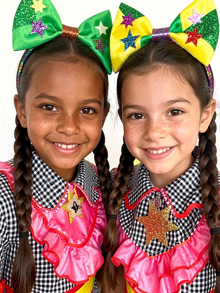Criança com cabelo decorado para festa junina enquanto recebe spray fixador.