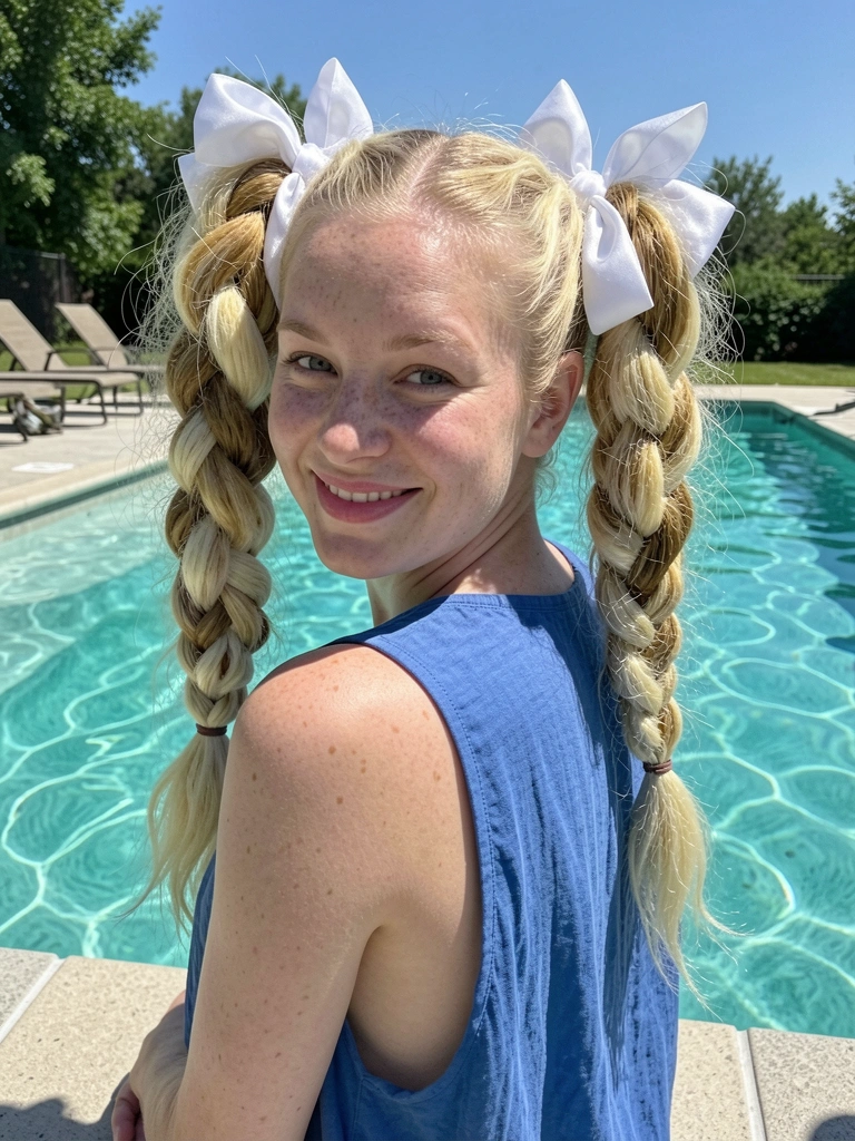 Menina com cabelo preso em marias-chiquinhas, fitas de cetim vermelha e amarela amarradas nas pontas, sorrindo.