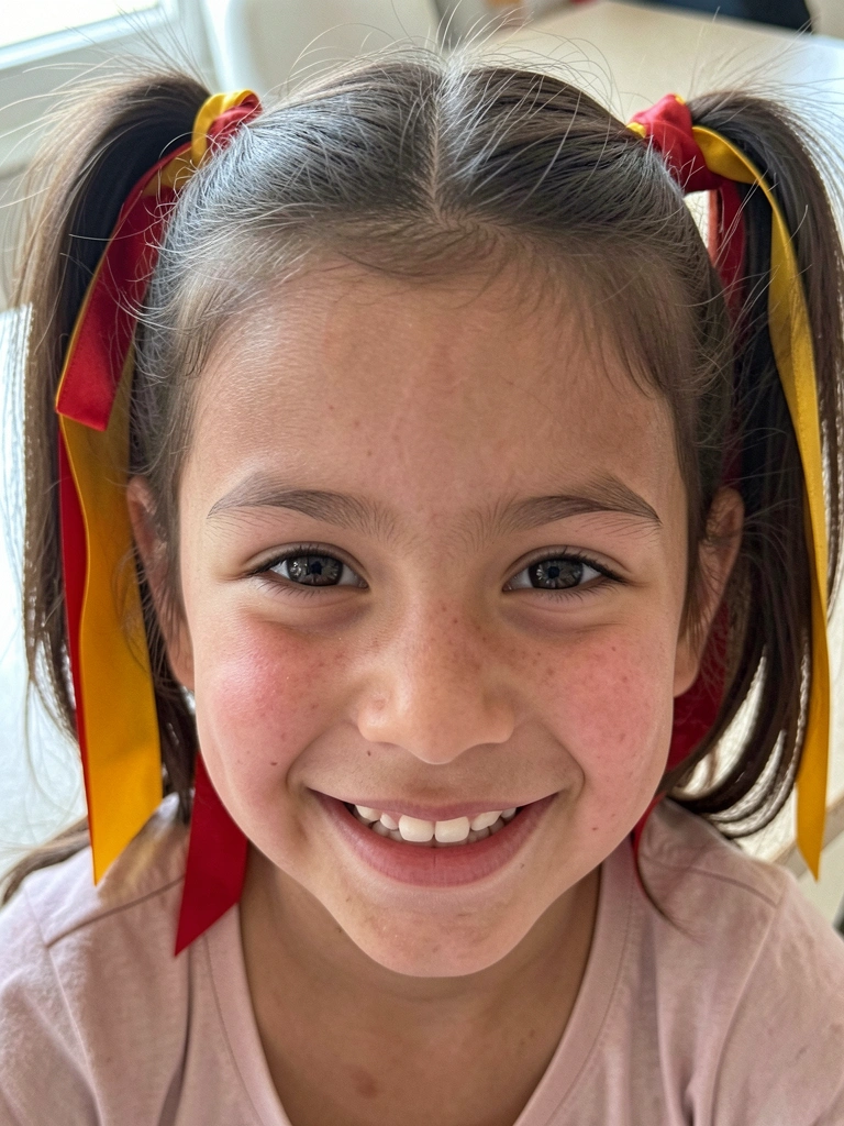 Menina com cabelo preso em dois rabos de cavalo altos, fitas de cetim vermelha e amarela amarradas, sorrindo.