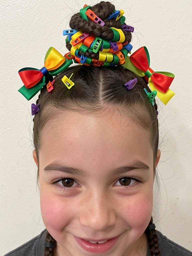 Menina com coque no topo da cabeça decorado com fitas verdes e amarelas e grampos coloridos.