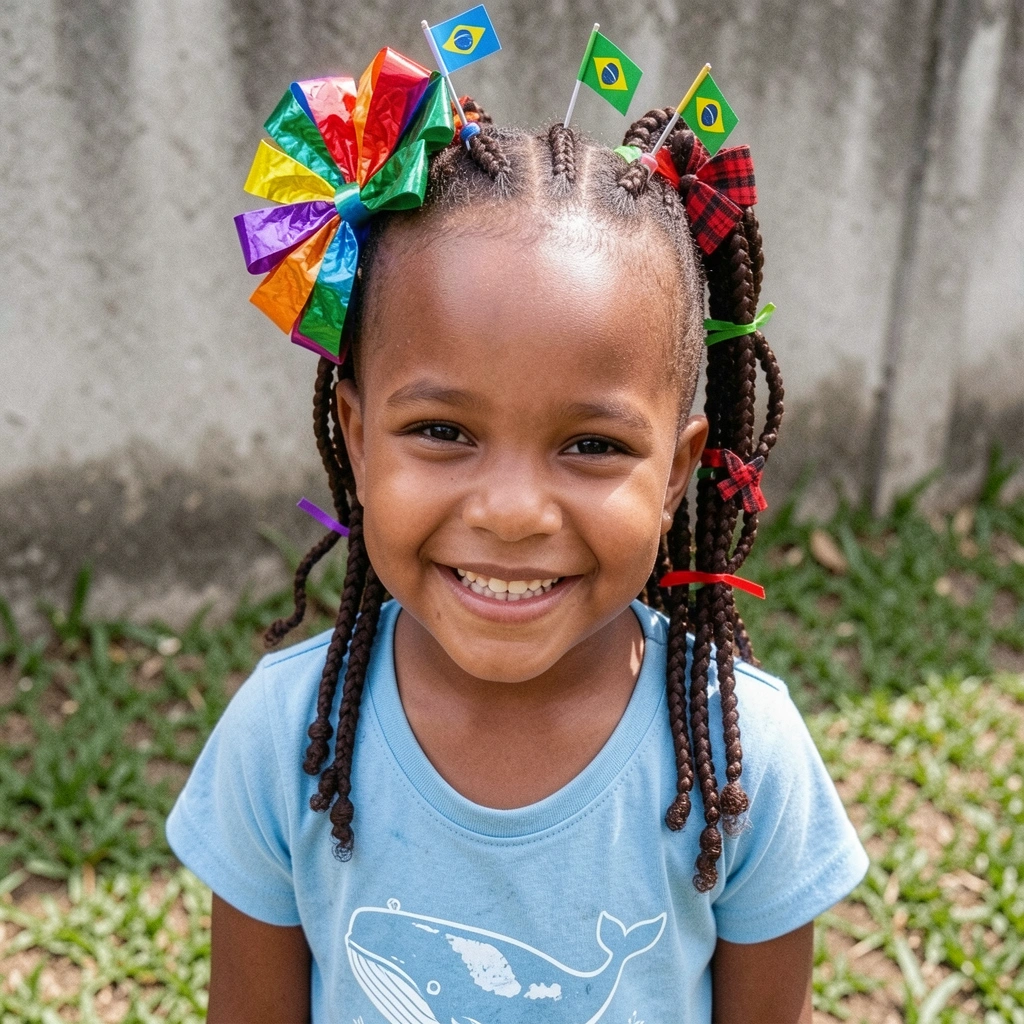 Cabelo semipreso decorado com mini bandeirinhas de festa junina presas em grampos, fundo de arraial.