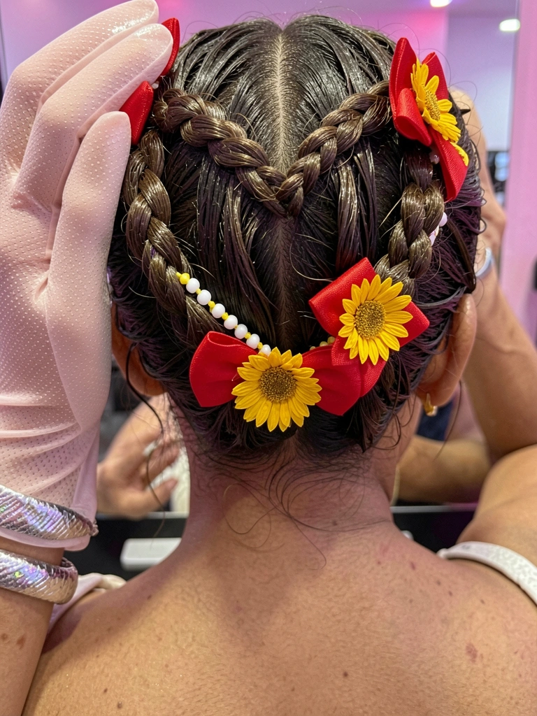 Cabelo solto com pequenos coques presos por fitas coloridas, do topo às pontas.
