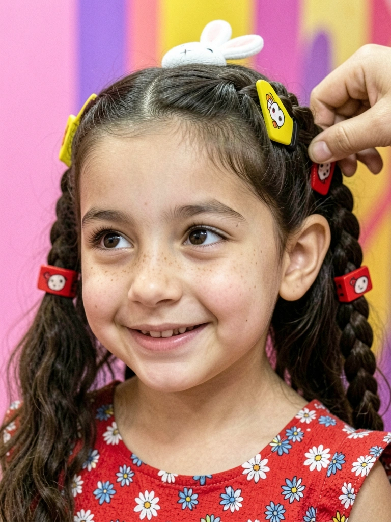 Mão de adulta prendendo elástico no cabelo de menina, com grampos sobre a mesa ao lado.