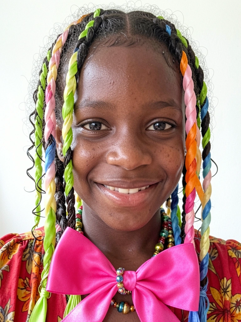 Menina negra com cabelo crespo preso em tranças com fitas coloridas.