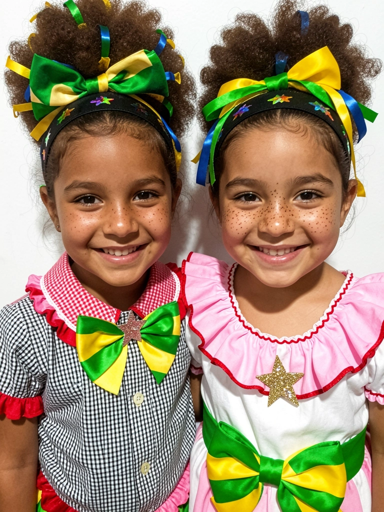 Menina sorrindo com coque afro volumoso no alto da cabeça e laço de chita.