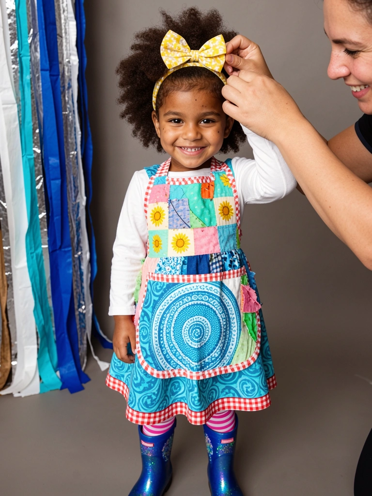 Mãe sorrindo prende o cabelo da filha com um laço grande, sem tranças.